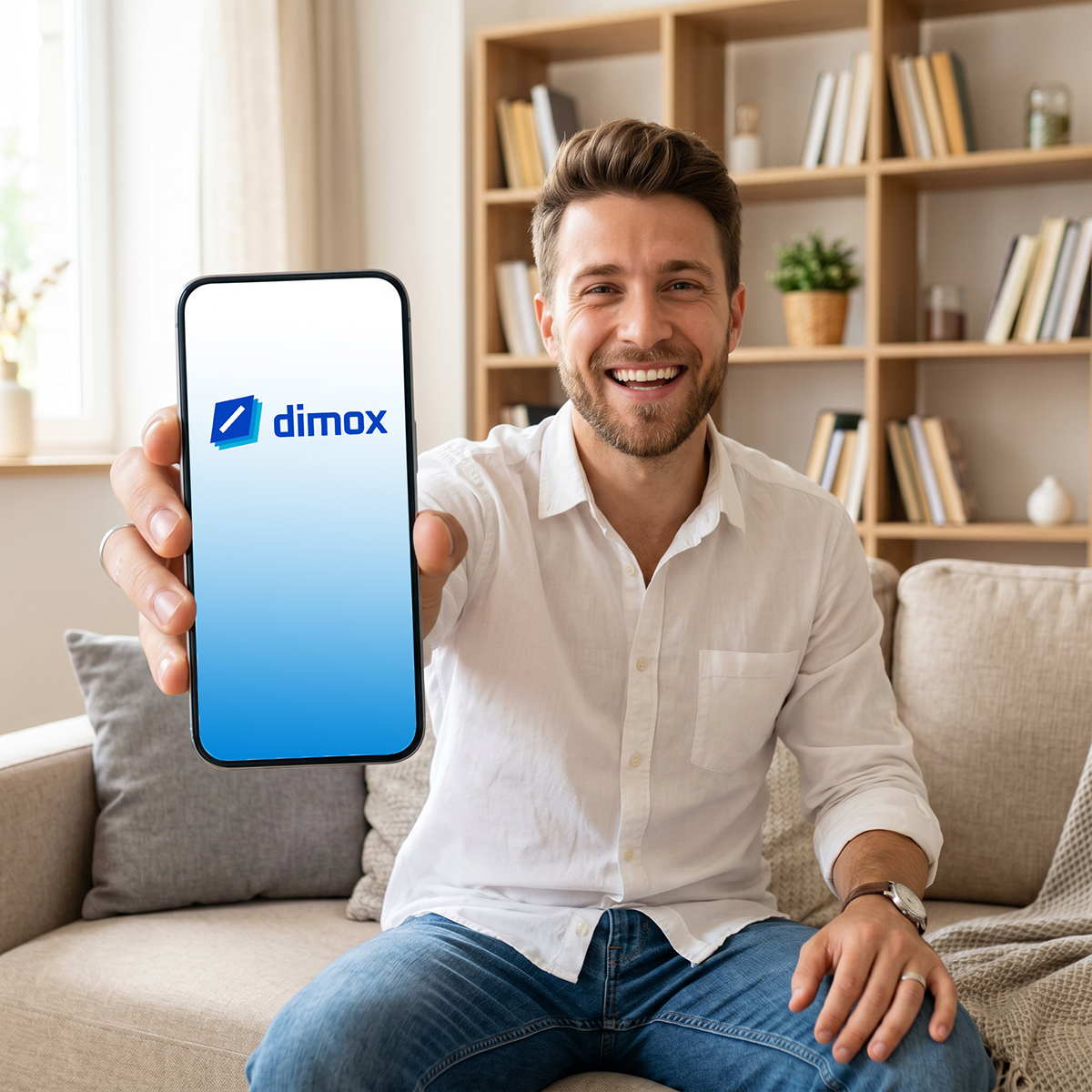 Uomo mostra app Dimox